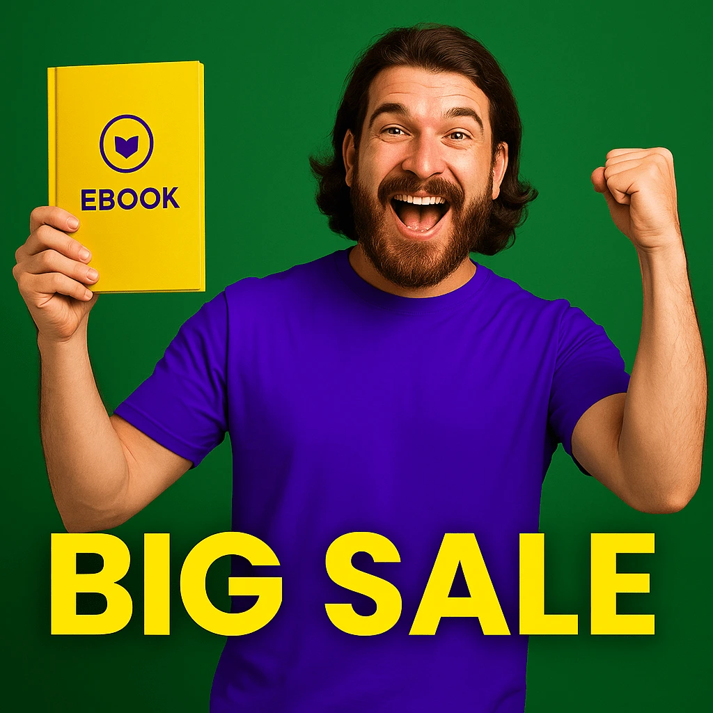 Happy man holding ebook with BIG SALE banner - Digital download promotion OEBWEB